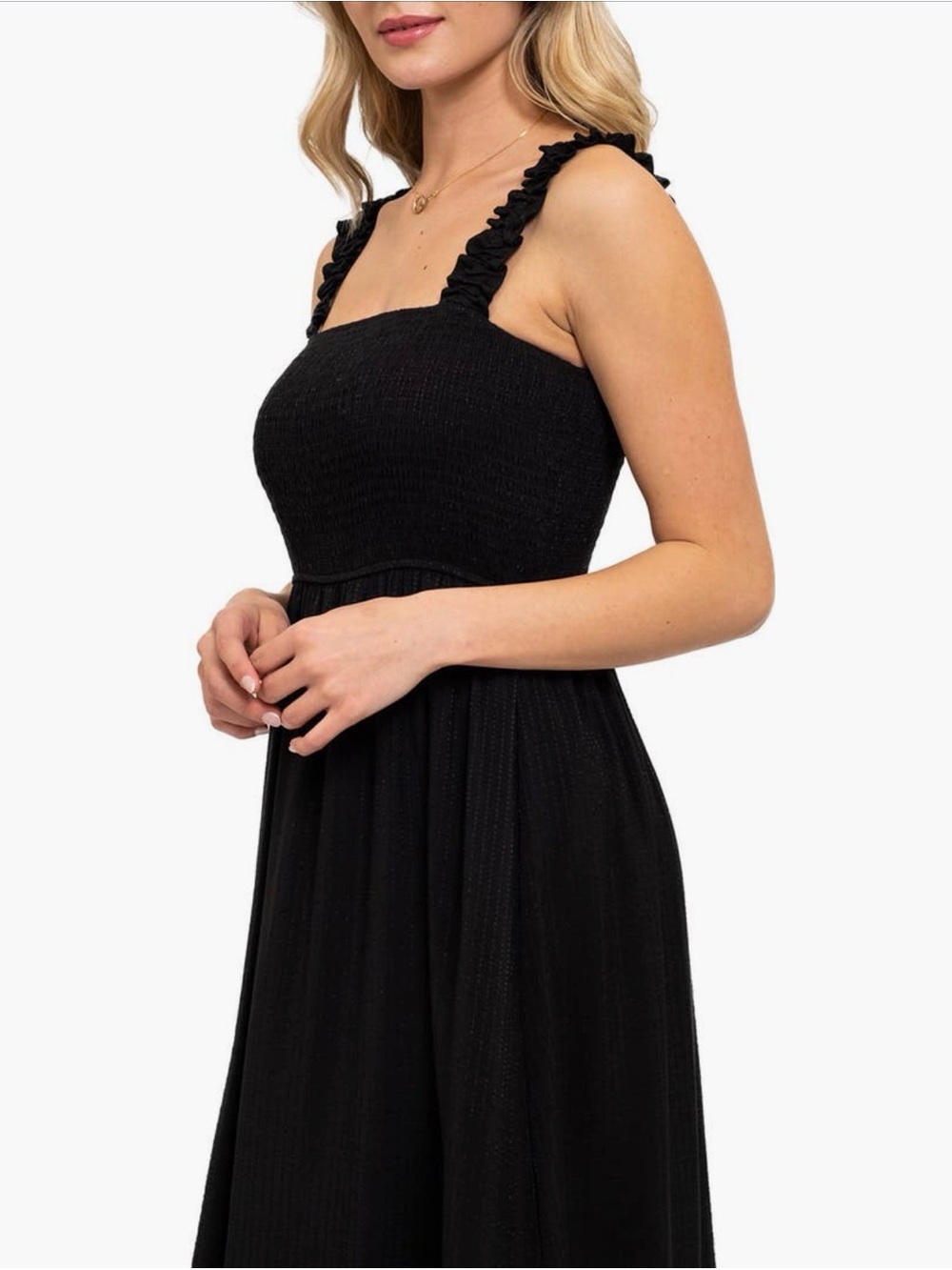Black Smocked Midi Dress with Ruffle Straps